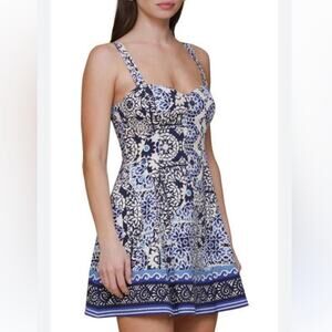 Avec Les Filles Floral Blue Dress Sweetheart Neckline Mini Sundress Womens 2